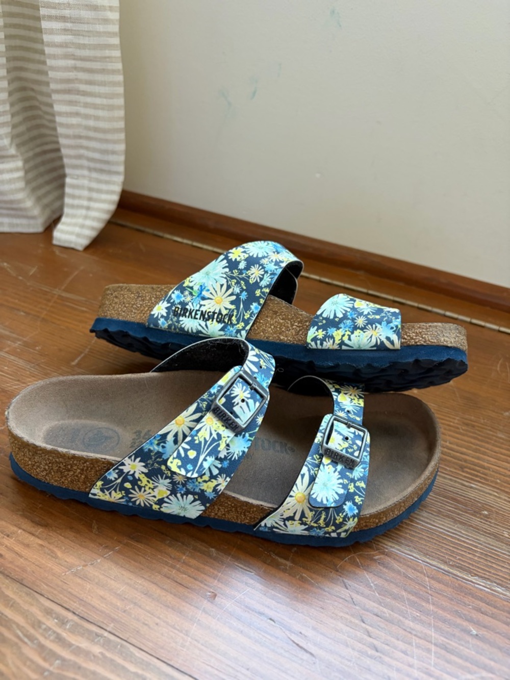 Birkenstock Floral Double-Buckle Sandals in Blue and Yellow